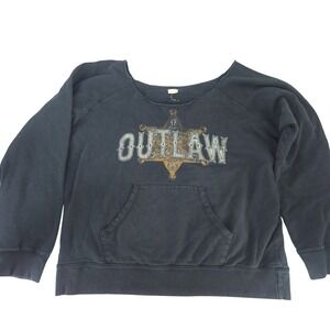 Womens Large Black Outlaw Graphic Sweatshirt Pullover Long Sleeve cut collar
